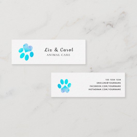Pawsitief blauwe Waterverf Heart Pets Paw Print Mini Visitekaartje (Voorkant / Achterkant)
