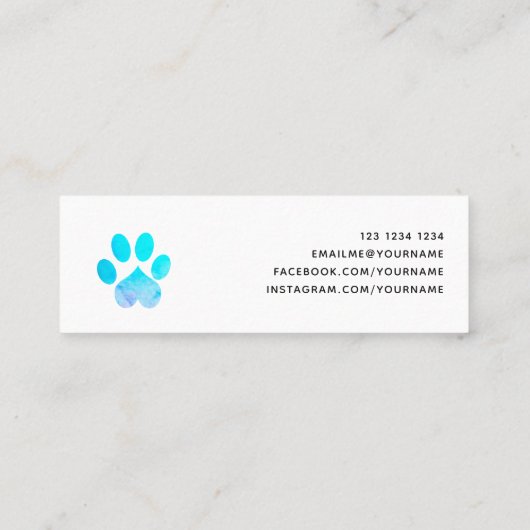 Pawsitief blauwe Waterverf Heart Pets Paw Print Mini Visitekaartje (Achterkant)