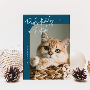 Pawsitief feestelijke kattenfoto Blauwgroen kerst Feestdagenkaart