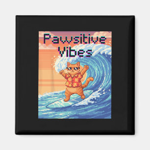 Pawsitieve Vibes Kat Surfen - Pixel Art Golf  Magneet