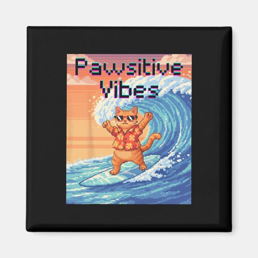 Pawsitieve Vibes Kat Surfen - Pixel Art Golf  Magneet (Voorkant)