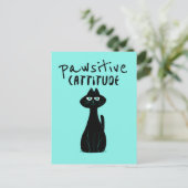 Pawsitive Cattitude Cute Cat Humor Black Teal Briefkaart (Staand voorkant)