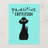 Pawsitive Cattitude Cute Cat Humor Black Teal