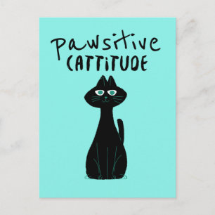 Pawsitive Cattitude Cute Cat Humor Black Teal Briefkaart