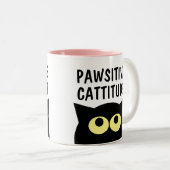 Pawsitive Cattitude grappige kat cartoon koffie mo Tweekleurige Koffiemok (Voorkant rechts)