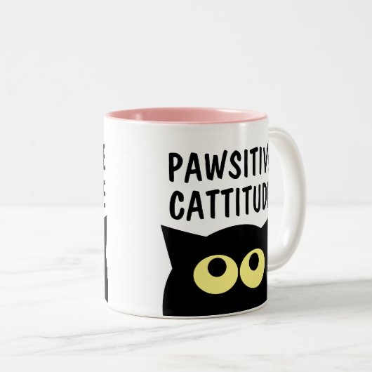 Pawsitive Cattitude grappige kat cartoon koffie mo Tweekleurige Koffiemok (Voorkant rechts)