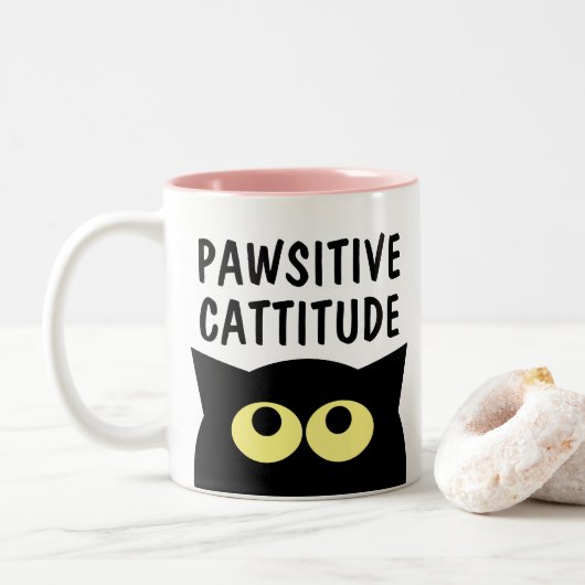 Pawsitive Cattitude grappige kat cartoon koffie mo Tweekleurige Koffiemok (Met donut)