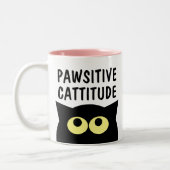 Pawsitive Cattitude grappige kat cartoon koffie mo Tweekleurige Koffiemok (Links)