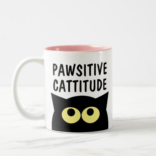 Pawsitive Cattitude grappige kat cartoon koffie mo Tweekleurige Koffiemok (Links)