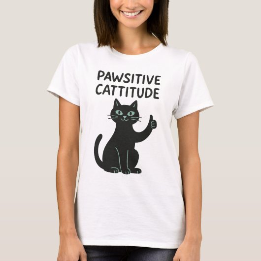 Pawsitive Cattitude - Grappige zwarte kat T-shirt (Voorkant)