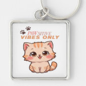 Pawsitive Vibes Only – Schattige Kawaii Cat Design Sleutelhanger (Voorkant)