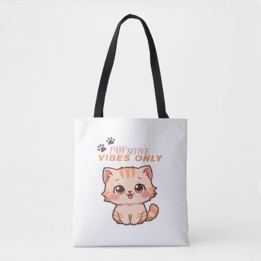 Pawsitive Vibes Only – Schattige Kawaii Cat Design Tote Bag (Voorkant)