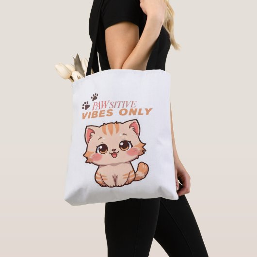 Pawsitive Vibes Only – Schattige Kawaii Cat Design Tote Bag (Dichtbij)