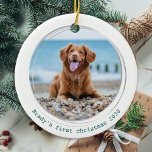 Pawsitively Covid Quarantine Green Dog foto Keramisch Ornament<br><div class="desc">Het beste jaar ooit! Volgens de honden. Decoreer je boom of stuur een speciaal cadeau met deze super schattige persoonlijke kerstfoto's. Deze grappige kerstsierbloem voor pandemische quarantainehonden zal een favoriet zijn bij alle hondenliefhebbers. Voeg de foto van je hond toe en personaliseer je met naam en jaar. De versiering is...</div>