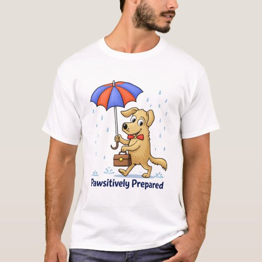 Pawsitively Prepared – Cute Dog with Umbrella T-shirt (Voorkant)