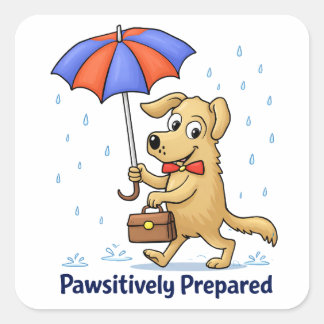 Pawsitively Prepared – Cute Dog with Umbrella Vierkante Sticker