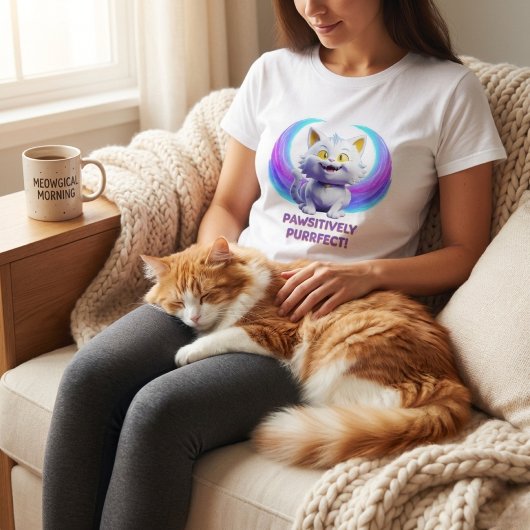 Pawsitively Purrfect Cute Cartoon White Cat Pun T-shirt