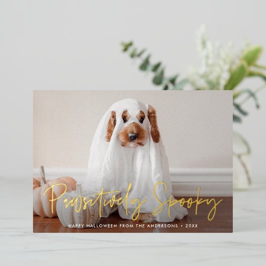 Pawsitively Spooky Halloween Pet Foto Folie Feestdagenkaart (Staand Voorkant)