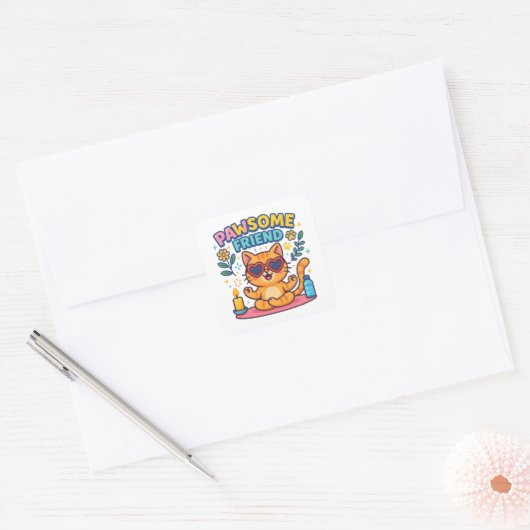 Pawsome Friend Because Every Cat Deserves Love Vierkante Sticker (Envelop)