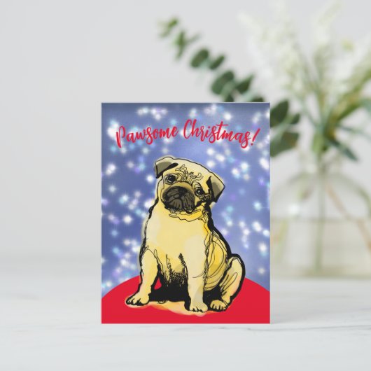 Pawsome kerst met een kleine pug. Briefkaart (Staand voorkant)