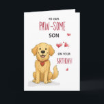 Pawsome Son Verjaardag Grappige Golden Retriever Kaart<br><div class="desc">Hier is een speciale verjaardagskaart met een lieve golden retriever, gemaakt voor zonen die dol zijn op honden met grote harten en kwispelende staarten. Ik heb deze kaart ontworpen om een glimlach te brengen met zijn speelse voorkant en luchtige binnenboodschap. Het is een zoete manier om je geweldige zoon een...</div>