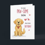 Pawsome Son Verjaardag Grappige Golden Retriever Kaart<br><div class="desc">Hier is een speciale verjaardagskaart met een lieve golden retriever, gemaakt voor zonen die dol zijn op honden met grote harten en kwispelende staarten. Ik heb deze kaart ontworpen om een glimlach te brengen met zijn speelse voorkant en luchtige binnenboodschap. Het is een zoete manier om je geweldige zoon een...</div>