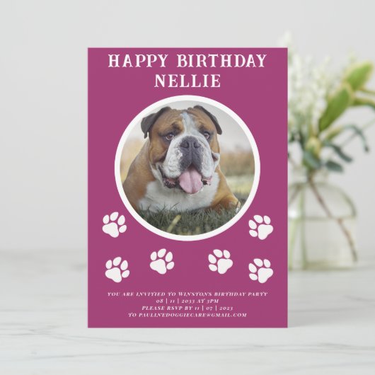 Pawties hond foto en tekst roze feest uitnodiging (Staand voorkant)
