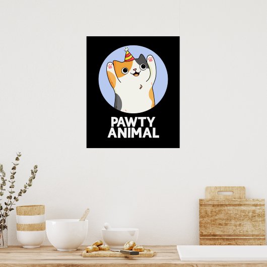 Pawty Animal Funny Party Cat Pun Dark BG Poster (Keuken)