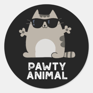 Pawty Animal Funny Party Cat Pun Dark BG Ronde Sticker