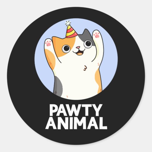 Pawty Animal Funny Party Cat Pun Dark BG Ronde Sticker (Voorkant)