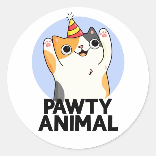 Pawty Animal Funny Party Cat Pun Ronde Sticker (Voorkant)
