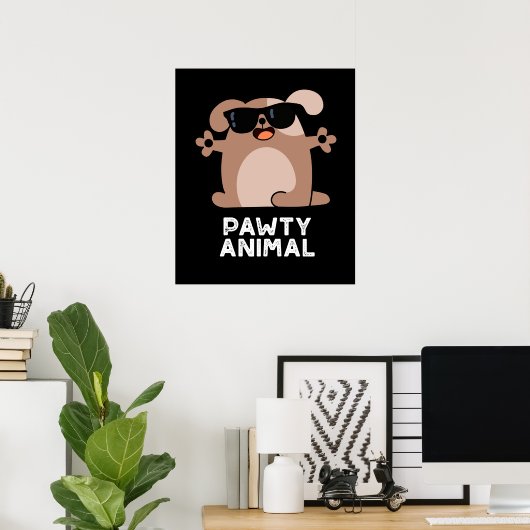 Pawty Animal Funny Party Dog Pun Dark BG Poster (Thuiskantoor)