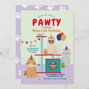 Pawty Birthday Cat Kitten Paw Fun Paars Kaart