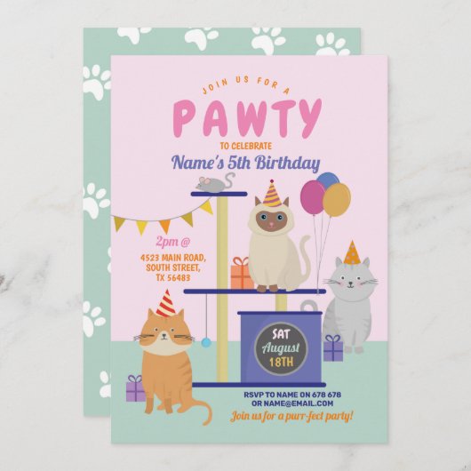 Pawty Birthday Cat Kitten Paw Girls Fun Kaart (Voorkant / Achterkant)
