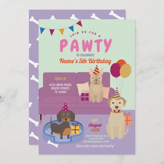 Pawty Birthday Dogs Party Puppy Fun Paars Kaart (Voorkant / Achterkant)