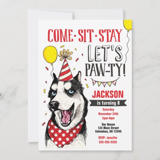 Pawty Birthday Invitation Dog Puppy Husky Kaart (Voorkant)