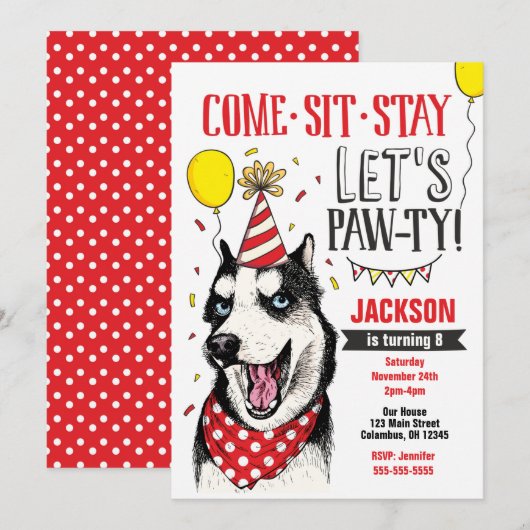 Pawty Birthday Invitation Dog Puppy Husky Kaart (Voorkant / Achterkant)