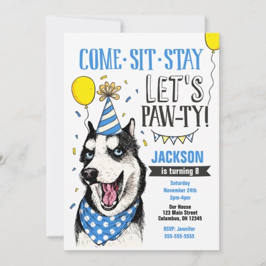 Pawty Birthday Invitation Dog Puppy Husky Kaart (Voorkant)