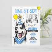 Pawty Birthday Invitation Dog Puppy Husky Kaart (Staand voorkant)