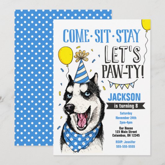 Pawty Birthday Invitation Dog Puppy Husky Kaart (Voorkant / Achterkant)