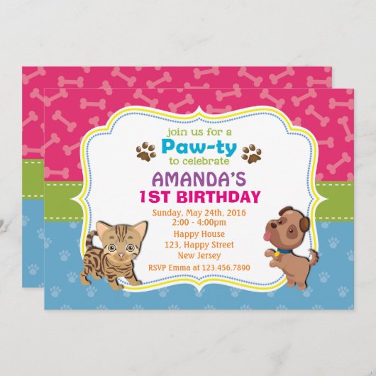 Pawty Birthday Invitation Kaart (Voorkant / Achterkant)