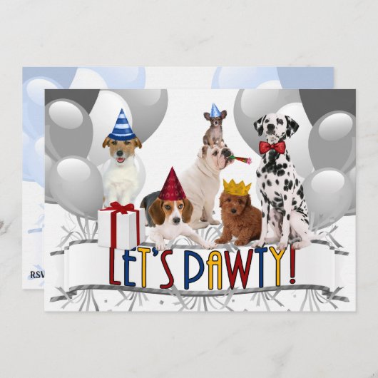 PAWty Dogs in Grayscale Birthday Party Kaart (Voorkant / Achterkant)