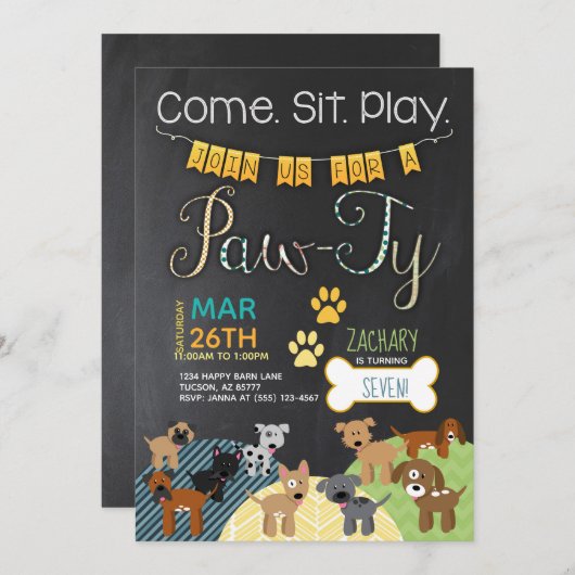 Pawty Invitations Dog Puppy Birthday Invitations Kaart (Voorkant / Achterkant)