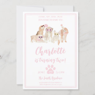 Pawty Pink Dog Theme Girl Birthday Party Kaart