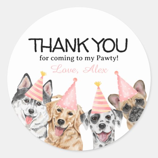 Pawty Puppy Dog Dank u Verjaardagsfeestgunst Ronde Sticker (Voorkant)