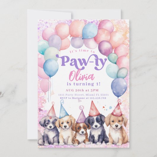 Pawty Puppy Verjaardag Uitnodiging Hond Party Meis (Voorkant)