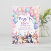 Pawty Puppy Verjaardag Uitnodiging Hond Party Meis (Staand voorkant)