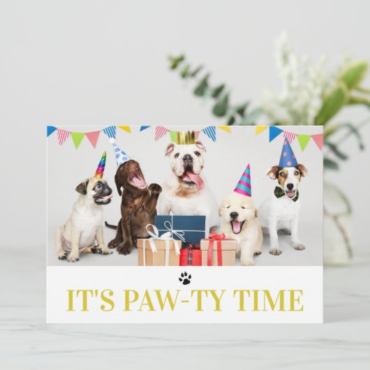 Pawty Time Dog Thed Birthday 5-fotokaart Kaart (Staand voorkant)
