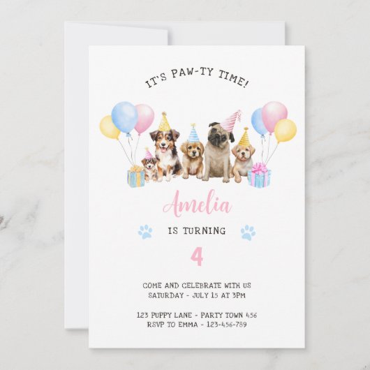 Pawty Time Puppy Dog Verjaardagsfeest Waterverf In Kaart (Voorkant)