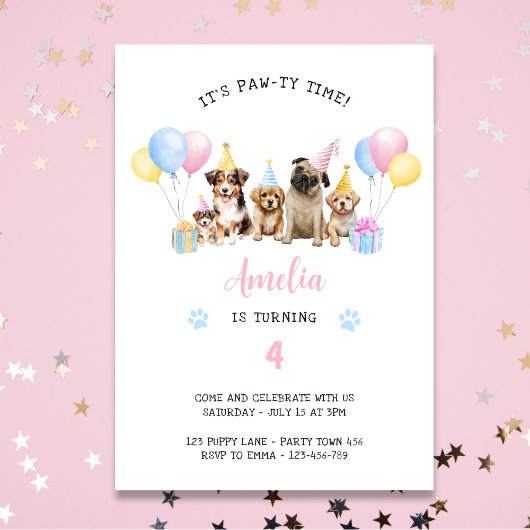 Pawty Time Puppy Dog Verjaardagsfeest Waterverf In Kaart